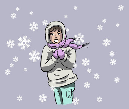 Vrouw loopt door de sneeuw