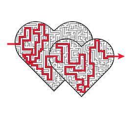 Complex maze puzzle game (high level of difficulty) with way (exit or answer). Success. 2 loving hearts as a labyrinth. Puzzle for St. Valentine Day (14 February) 