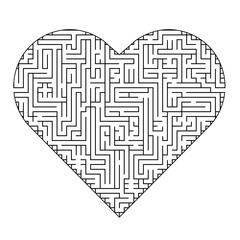 Complex maze puzzle game (high level of difficulty). Heart as a labyrinth. Puzzle for St. Valentine Day (14 February)