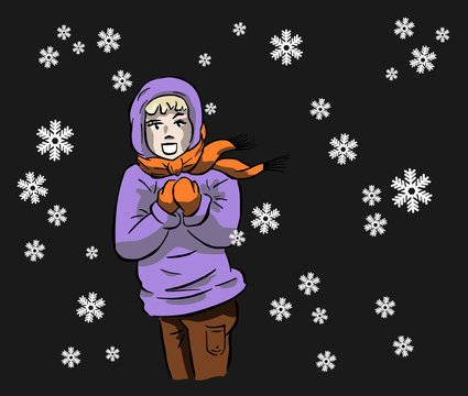 vrouw loop in de nacht door de sneeuw