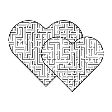 Complex maze puzzle game (high level of difficulty). two Hearts as a labyrinth. Puzzle for St. Valentine Day (14 February)