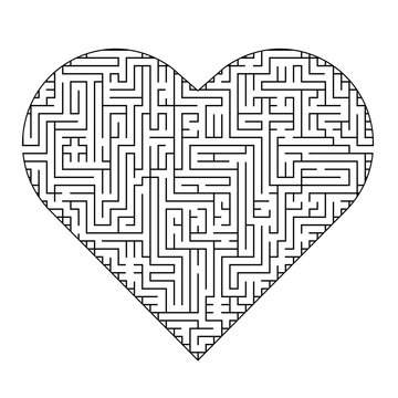 Complex maze puzzle game (high level of difficulty). Heart as a labyrinth. Puzzle for St. Valentine Day (14 February)