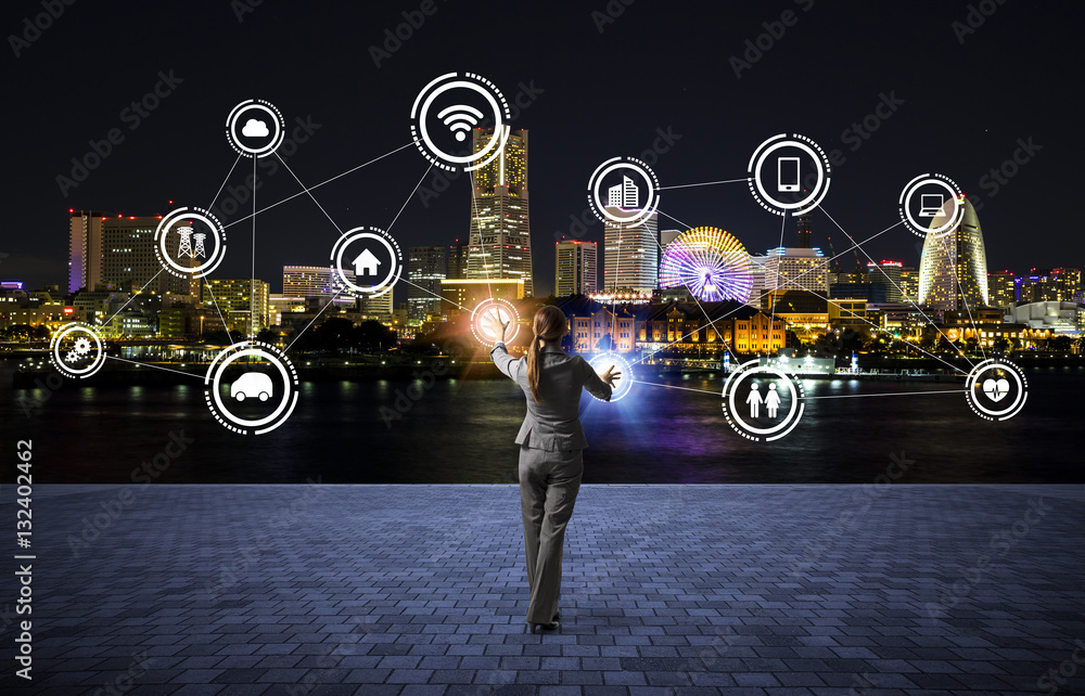 Aufkleber modern cityscape and business person, iot(internet of things), ict(information communication technol