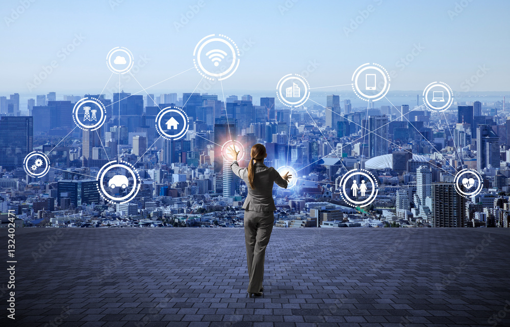 Poster modern cityscape and business person, iot(internet of things), ict(information communication technol