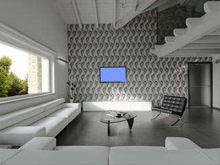 modern living room with white sofa and large window