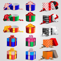 Set of colorful gift boxes with bows and ribbons isolated on white background.