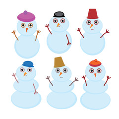 Set of cute cartoon funny snowman for winter design isolated on white background. Vector