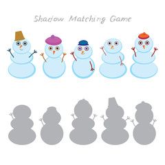 Set of cute cartoon funny snowman isolated on white background, Shadow Matching Game for Preschool Children. Find the correct shadow. Vector