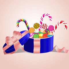 Lollipops collection in gift box with bow and ribbons. Vector illustration