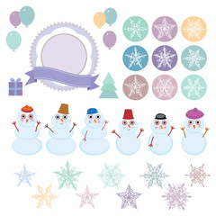 Character set of the new year snowflake, funny snowman, Christmas tree, gifts isolated on white background. Vector