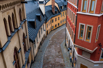 Typical street corner in Stockholm, Sweden. Bellmansgatan and Pryssgrand, from Mariahissen, in...