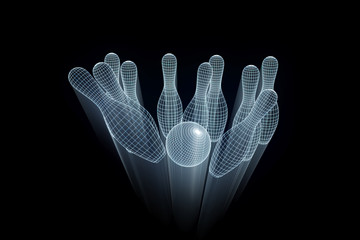 Bowling Pin in Wireframe Hologram Style. Nice 3D Render
