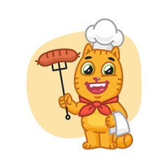 Cat Chef Holding Fork with Sausage