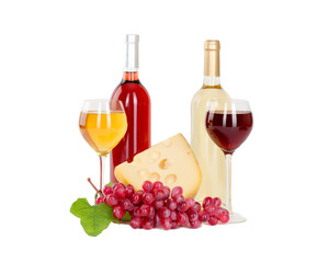 Set of white and rose wine bottles, glas and cheese, red and white grapes. isolated on white background 