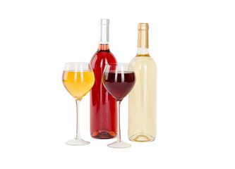 Set of white and rose wine bottles, glas and cheese, red and white grapes. isolated on white background 