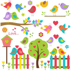 Vector set of nature-themed. Lovers of birds sitting on the branches of trees, fence with birdhouse.