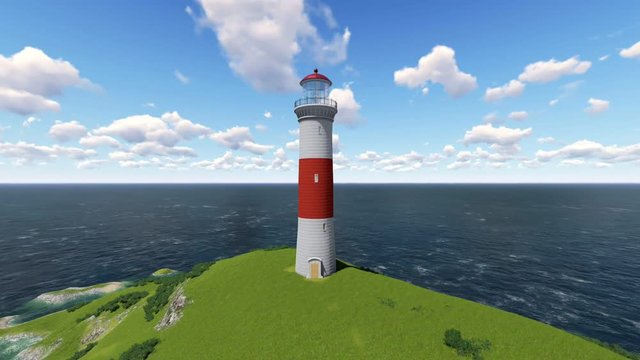 Lighthouse on the island in the ocean. Three dimensional rendering animation.