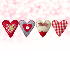 hand made textile hearts. Textile handicraft. Valentines Day, Wedding composition with hearts.