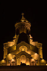 Night view of the Holy Trinity Cathedral in Tbilisi. Georgia