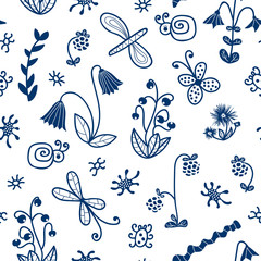 Seamless pattern of doodle flowers, butterflies, crawlies and bugs. Vector allover design of hand drawn motifs for fabric prints, gift wrap, wallpapers, floral backgrounds and scrapbooking.
