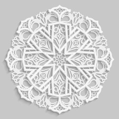 Lace 3D mandala, round symmetrical openwork pattern, lacy doily, decorative  snowflake, arabic ornament, indian ornament, embossed pattern, decorative design element,  vector