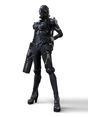 3d rendering of a cyborg girl standing on a white background