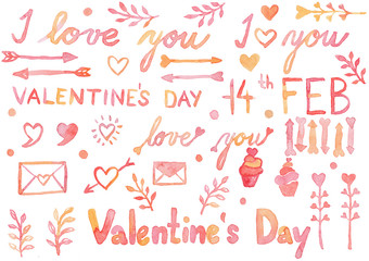 Happy Valentines Day watercolor background illustration. Hand-drawn typography, arrows, hearts, plants, cup cakes, envelopes and dots. Valentines elements for cards, invitations.  