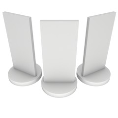 LCD Screen Stand Group. Blank Trade Show Booth. 3d render of lcd screen isolated on white background. High Resolution. Ad template for your expo design.