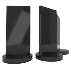LCD Screen Stand. Black Trade Show Booth Group. 3d render of lcd screen isolated on white background. High Resolution. Ad template for your expo design.