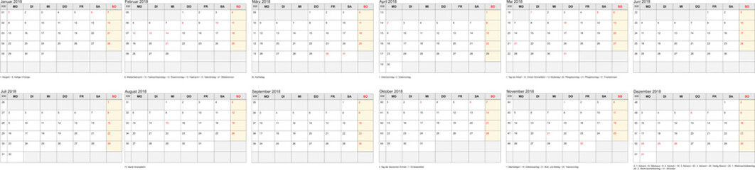 Kalender, Kalendarium 2018 Textfelder Druckvorlage 