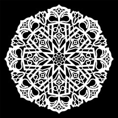Lace round paper doily, lacy snowflake, greeting element,  template for cutting  plotter, round pattern, laser cut  template, doily to decorate the cake,  vector illustrations.