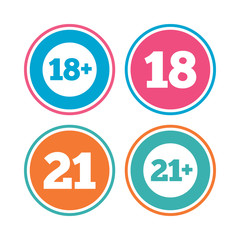 Adult content icons. Eighteen plus years sign.