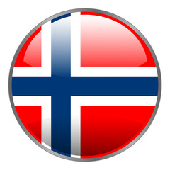 Round glossy isolated vector icon with national flag of Norway on white background.