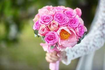 Close up of beautiful pink wedding bouquet