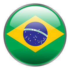 Round glossy isolated vector icon with national flag of Brazil on white background.