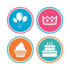 Birthday party icons. Cake and cupcake symbol.