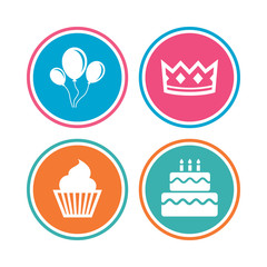 Birthday party icons. Cake and cupcake symbol.