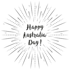 Happy Australia Day text with sun rays linear background. Vector card design with custom calligraphy