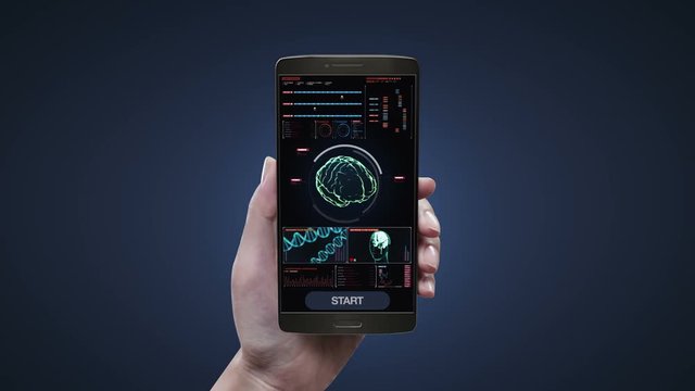 Touching Brain health care diagnosis application on mobile, smart phone, Scanning Brain in digital display dashboard. X-ray view
