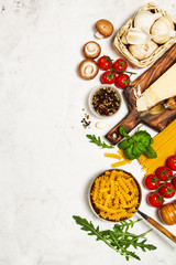 Italian food or ingredients background with fresh vegetables, pa