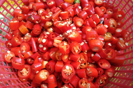 Red Shred Chili In Red Basket Prepare For Cooking.