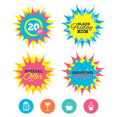 Drinks signs. Coffee cup, glass of beer icons.