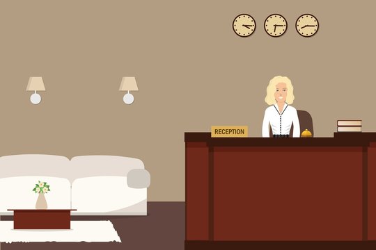 Hotel reception. Young woman receptionist stands at reception desk. There is a white sofa and table with flowers also in the picture. Travel, hospitality, hotel booking concept. Vector illustration