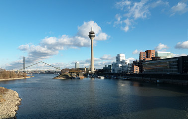 Fototapeta na wymiar Rhine Tower and Media Harbor of city Dusseldorf / Germany