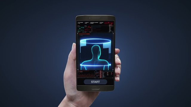 Touching health care diagnosis application on mobile, smart phone, Female body scanning Human eyes system in digital display dashboard.