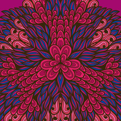 Hand drawn ethnic floral blue and red ornamental pattern