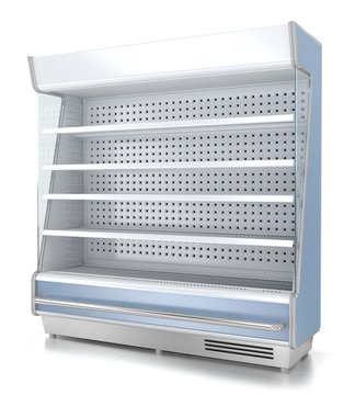 Refrigerator showcase for supermarket. Blank, white, open. 3d image. Isolated on white.