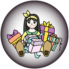 Celebration, happy little girl and a lot of presents
