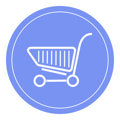 Shopping cart icon, shopping basket design, trolley icon. Blue circle background.