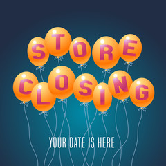 Store closing vector illustration, background with balloons
